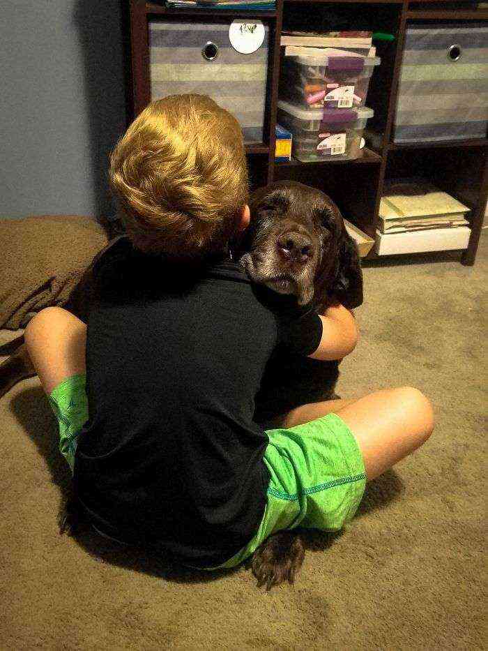A mi hijo le gusta abrazar. Al principio al perro no le gustaba, pero al final se deja