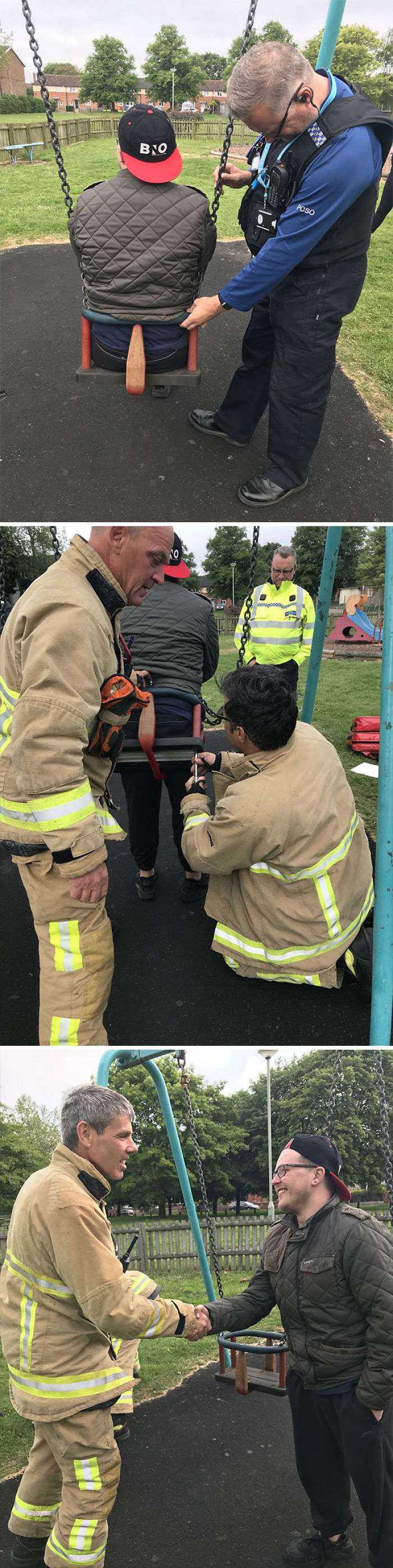 Sin heridas, sin dañar el columpio, pero avergonzado y agradecido por ser rescatado