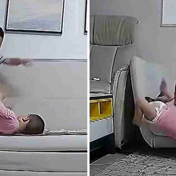 Ágil niño salvó a su hermanita pequeña de caer de cabeza desde un sofá. Logró tomarla de la camiseta