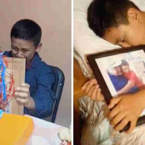 Niño recibió foto de su abuelo fallecido para su cumpleaños y rompió a llorar. Durmió abrazado a ella