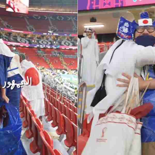 Unos aficionados japoneses limpiaron el estadio después del partido entre Qatar y Ecuador